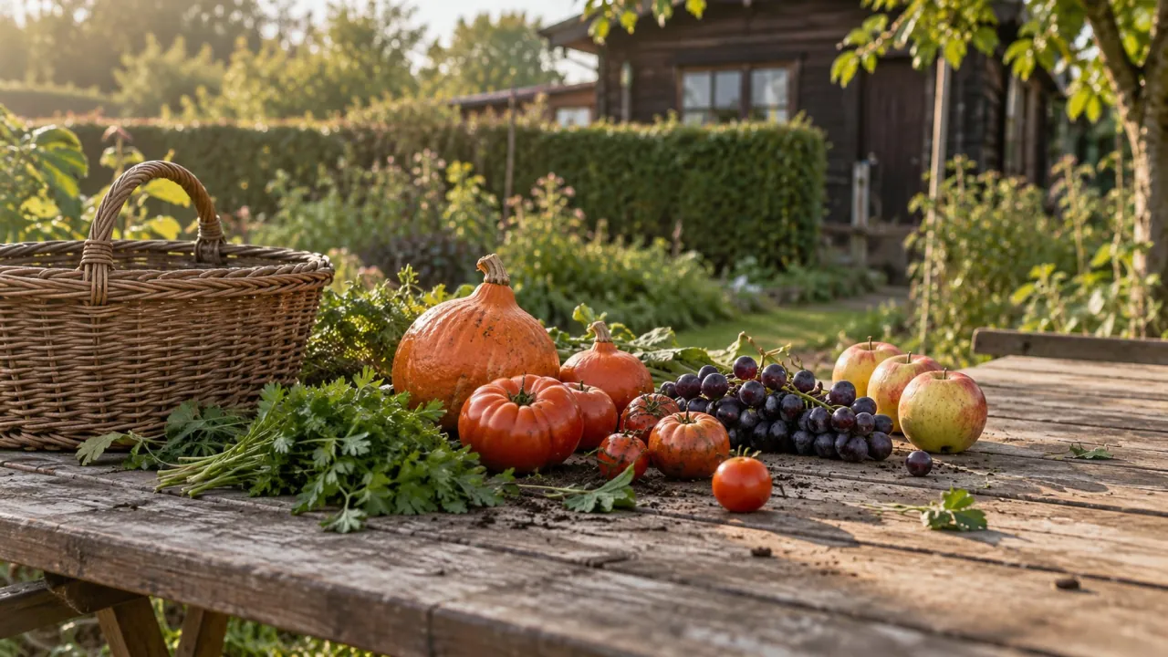 Kürbisse, Tomaten, Trauben, Äpfel und Kräuter auf einem Holztisch