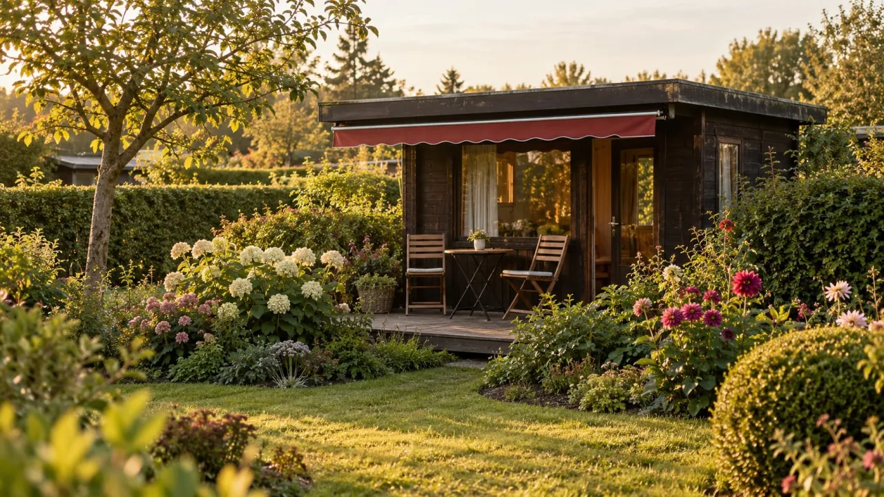 Kleine Holzlaube mit roter Markise und zwei Stühlen auf einer Terrasse